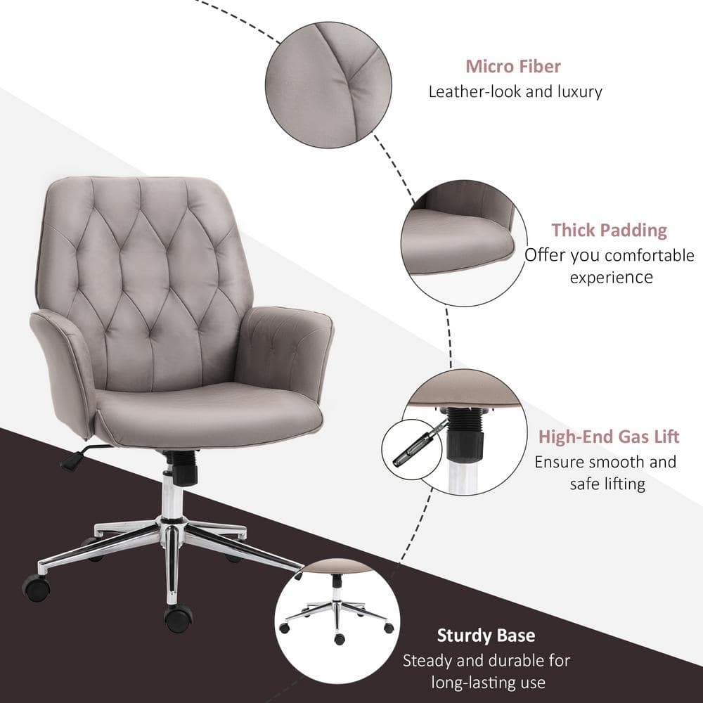 Vinsetto Light Grey, Modern Mid-Back Tufted Micro Fiber Home Office Desk Chair with Arms, Swivel Adjustable Task Chair 921-102V01