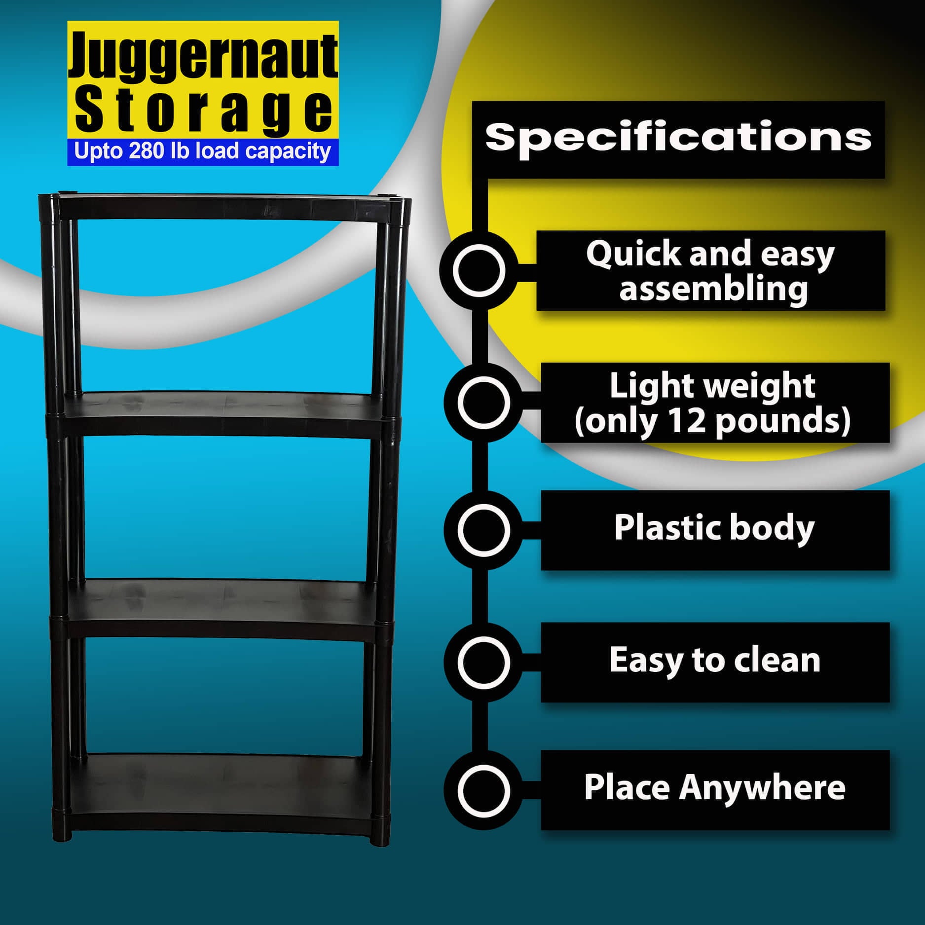 Juggernaut Storage Freestanding 4-Shelf Plastic Storage Shelf, Black, 280 lb Capacity