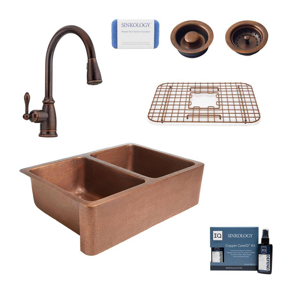 SINKOLOGY Rockwell Farmhouse Apron-Front Copper All-In-One 33 in. Double Bowl 5050 Kitchen Sink with Pfister Faucet and Drains K2A-1005-F529