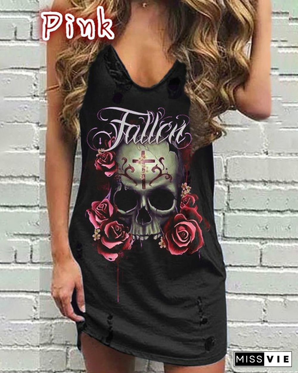 Women's tank Dress Sleeveless Summer Fashion Skull and Rose Print V-collar Casual Loose Dress Plus Size