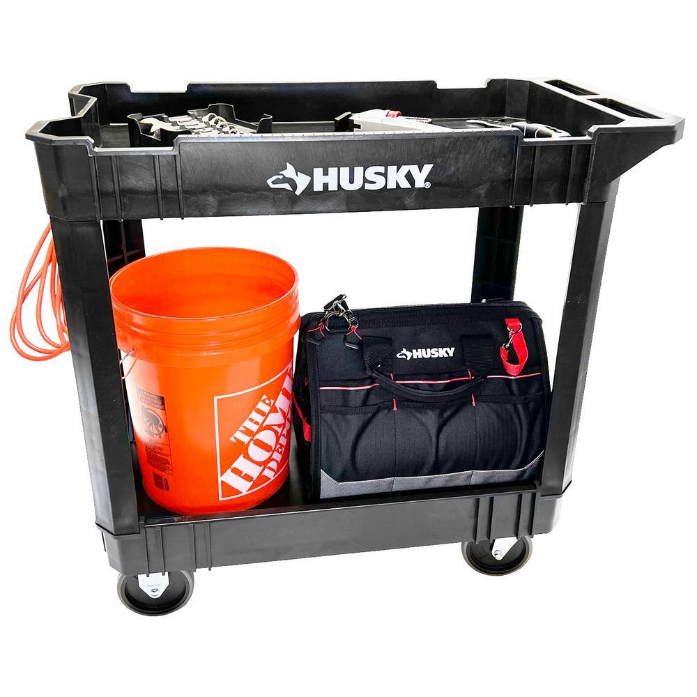 Husky 2-Tier Plastic 4-Wheeled Service Cart in Black with 500 lb. Capacity 410-113-0111