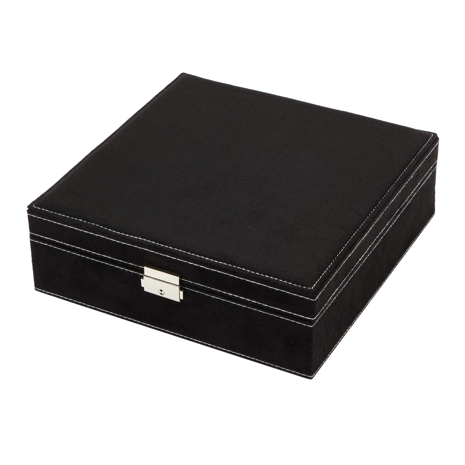 Black Jewelry Box with Lock and Key, 2 Layer Travel Display Case and Storage Organizer with Removable Tray for Men and Women, 10.5 x 10.5 x 3.5 in