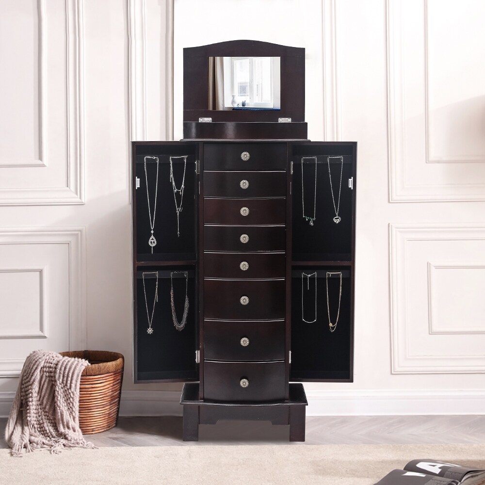 Large Jewelry Armoire with Mirror  8 Drawers   16 Necklace Hooks  2 Side Swing Doors