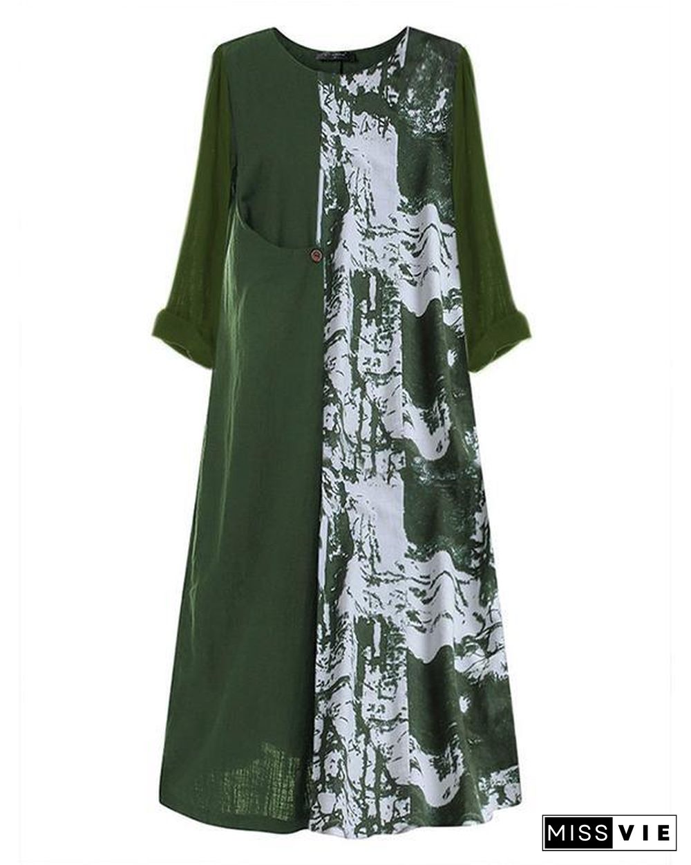 Vintage Crew  Neck Summer Long Sleeve Printed Long Sleeve  Maxi Dresses