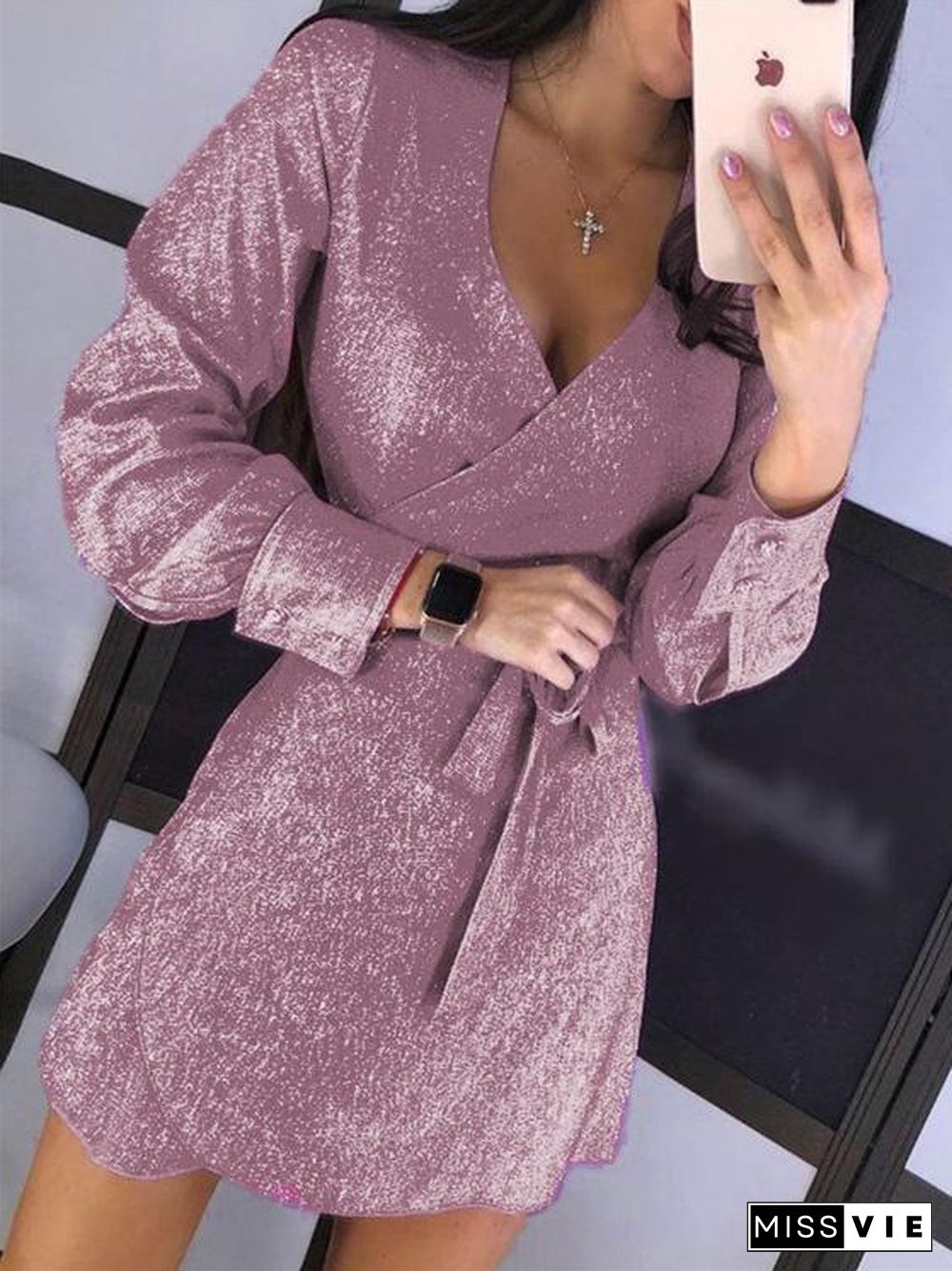 Lace-Up V-Neck Long Sleeve Sequined Dress