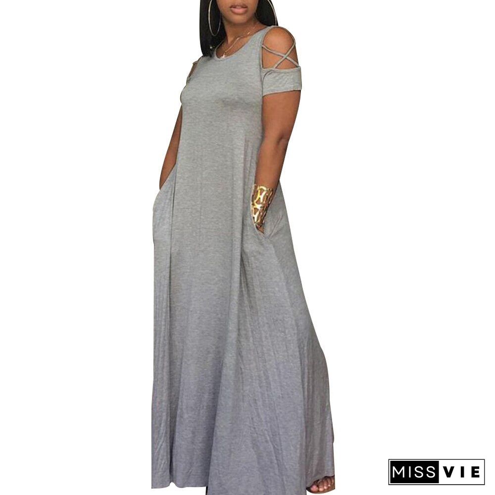 5Xl Plus Size Women Hollow Out Short Sleeve Dress Loose Casual Ladies Dresses With Pocket Summer Female Solid Maxi Dresses D30