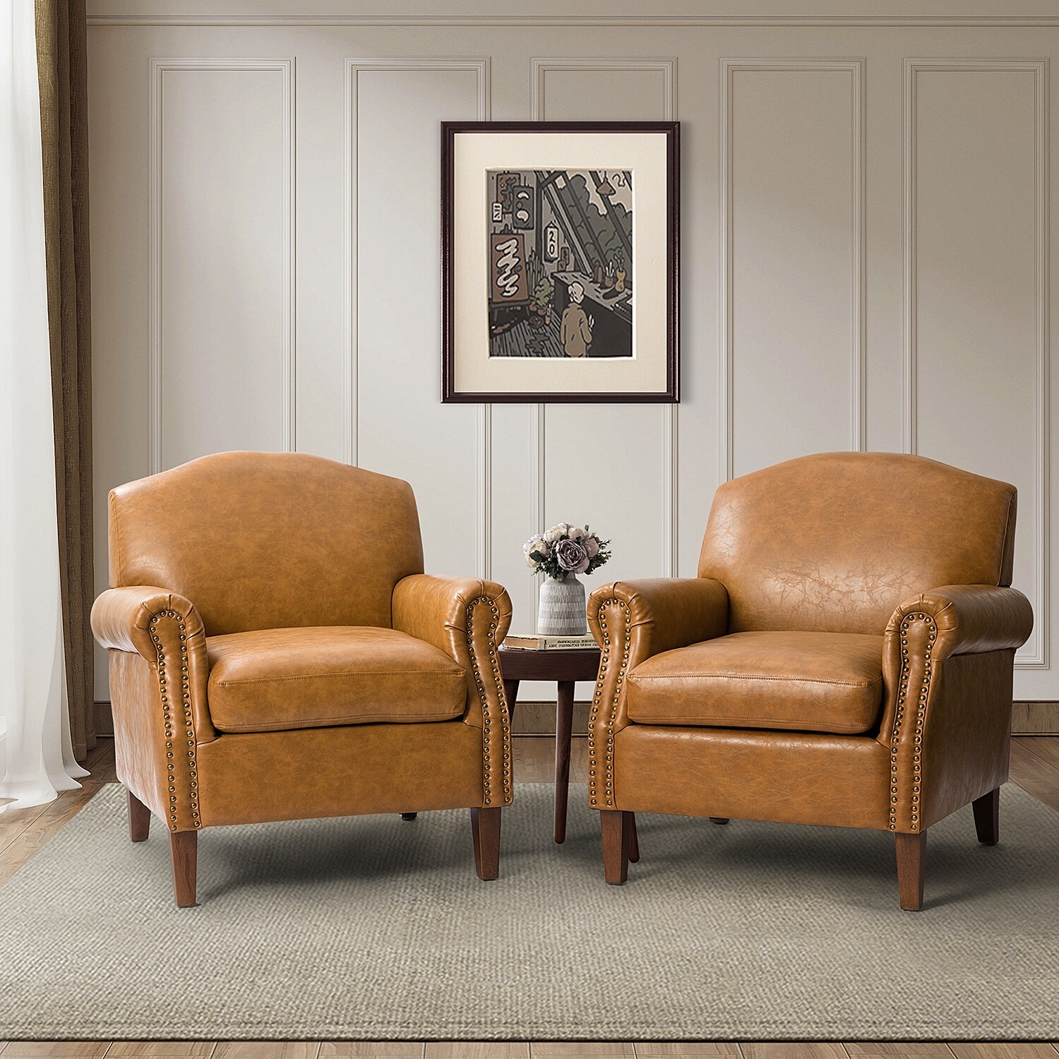 Giampiero Transitional Faux Leather Arm Chair with Nailhead Trim and Rolled Arms Set of 2 by HULALA HOME