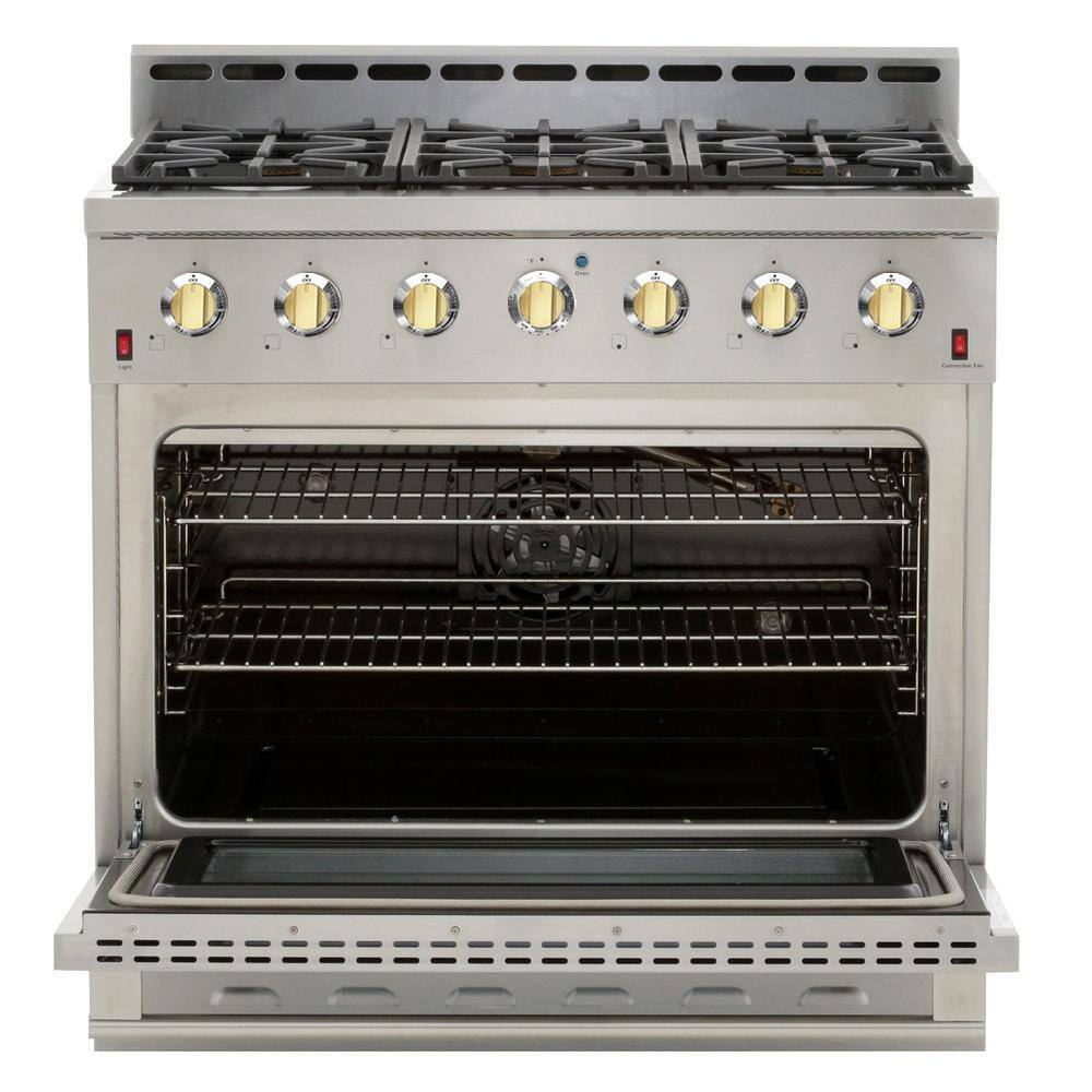 NXR Entree 36 in. 5.5 cu. ft. Professional Style Liquid Propane Range with Convection Oven in Stainless Steel and Gold NK3611LP-G