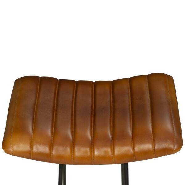 Industrial Barstool with Curved Leatherette Seat and Tubular Frame， Tan Brown and Black - 18 L X 18 W X 30 H Inches