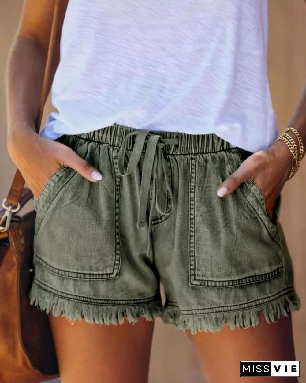 Elastic Waist Burr Denim Shorts