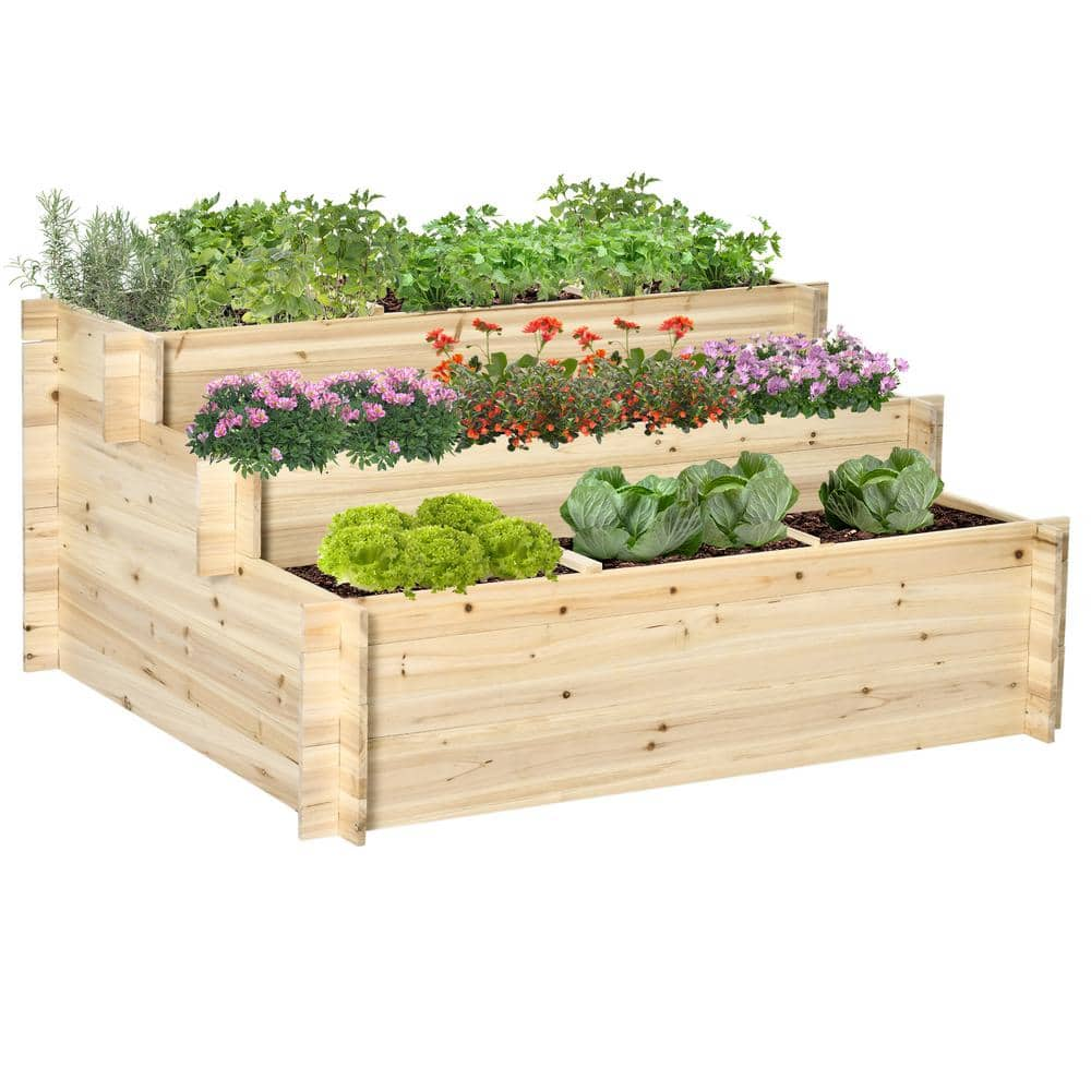 Outsunny Outdoor 46 in. W Natural Wood 3 Tier Raised Garden Bed with 9 Grow Grids and Non-woven Fabric 845-581