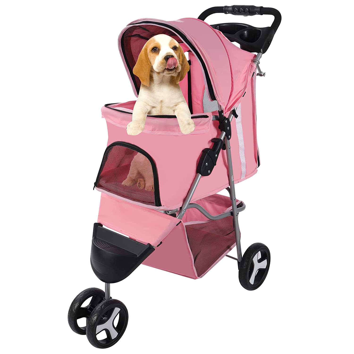 Lineslife 3 Wheels Pet Stroller， Foldable Carrier Strolling Cart for Small Medium Dogs and Cats， Pink