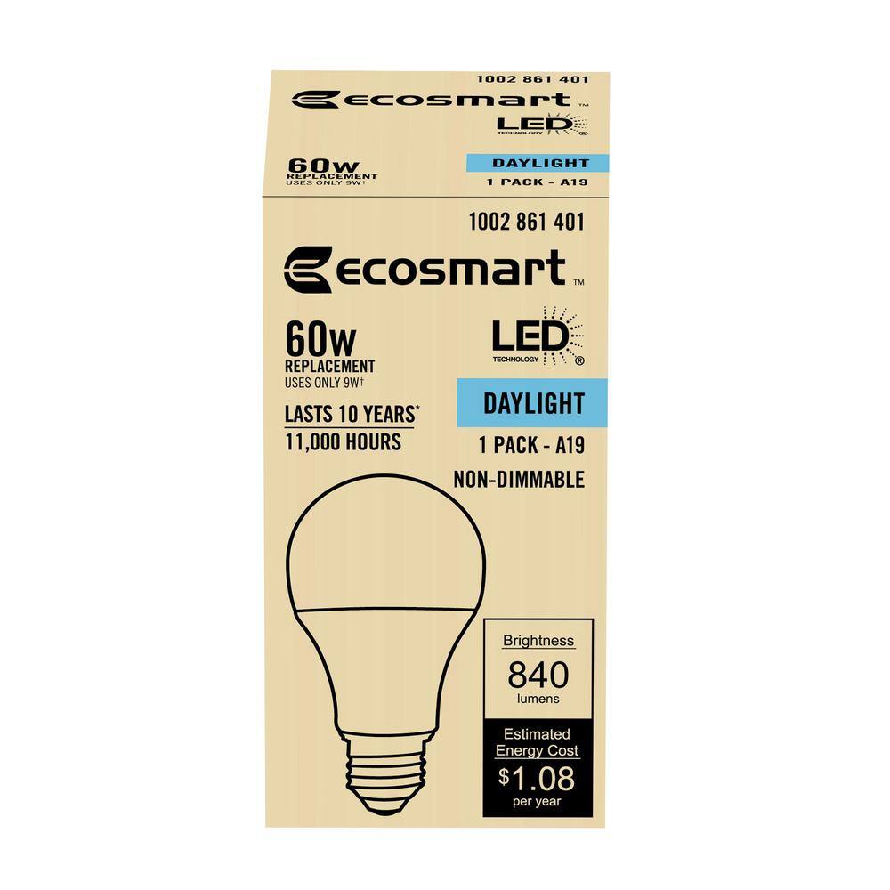 EcoSmart 60-Watt Equivalent A19 Non-Dimmable LED Light Bulb Daylight 5000 (1-Pack) B7A19A60WUL31