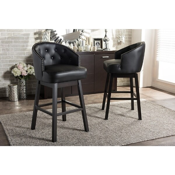 Baxton Studio Avril Modern and Contemporary Black Faux Leather Tufted Swivel Barstool with Nail heads Trim (Set of 2)