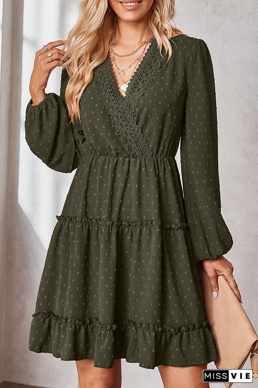 Swiss Dot Lace Crochet Long Sleeve Ruffle Dress