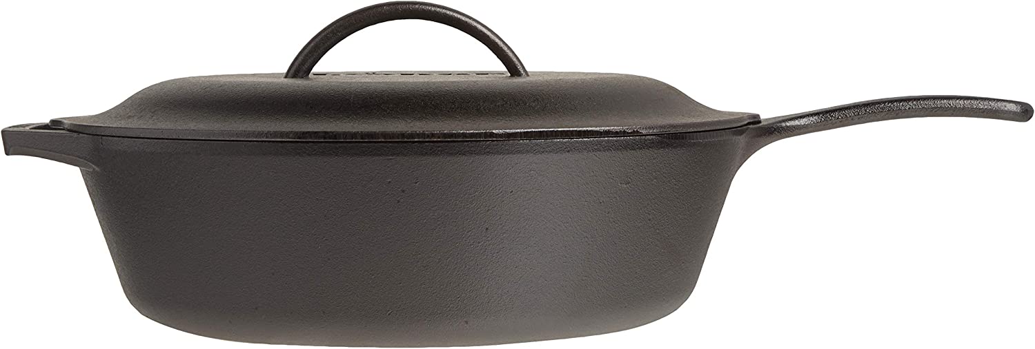 Lodge L10CF3 Cast Iron Covered Deep Skillet， Pre-Seasoned， 5-Quart