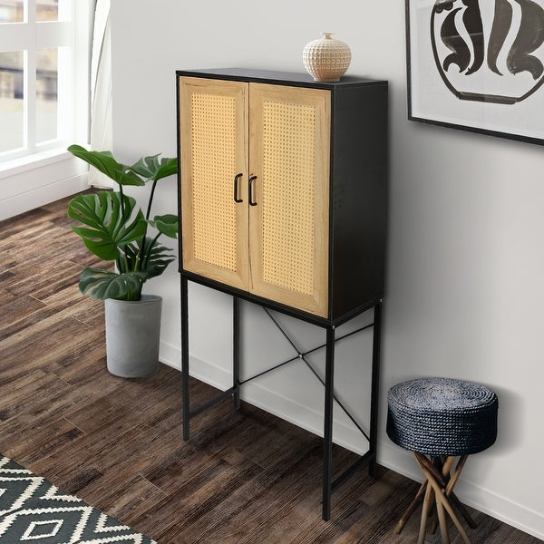 Wooden Cabinet with 2 Rattan Decorated Doors and 3-Tier Shelving