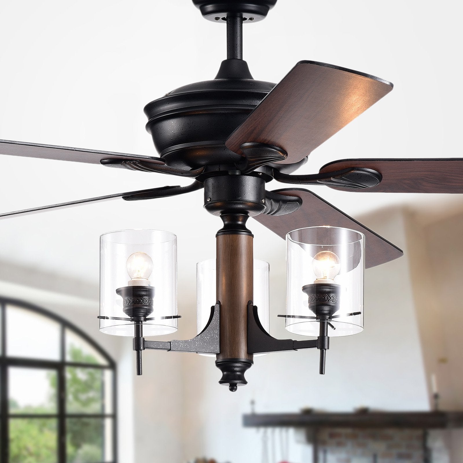 Saranac 5-Blade 52-Inch Forged Black Lighted Ceiling Fans with Clear Pillar Glass Lamps (Remote Controlled)