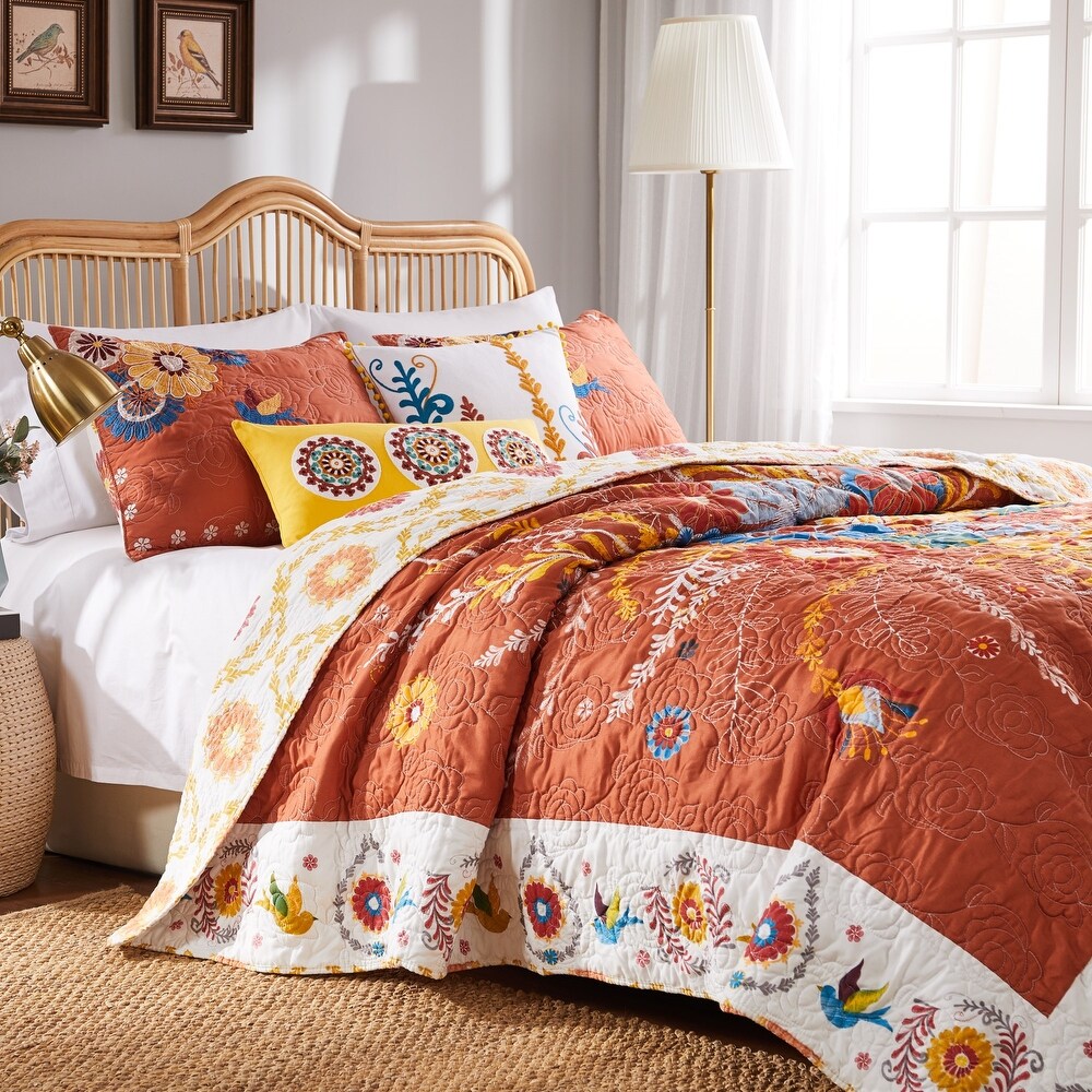 Barefoot Bungalow Topanga Orange Bohemian Floral Quilt Set