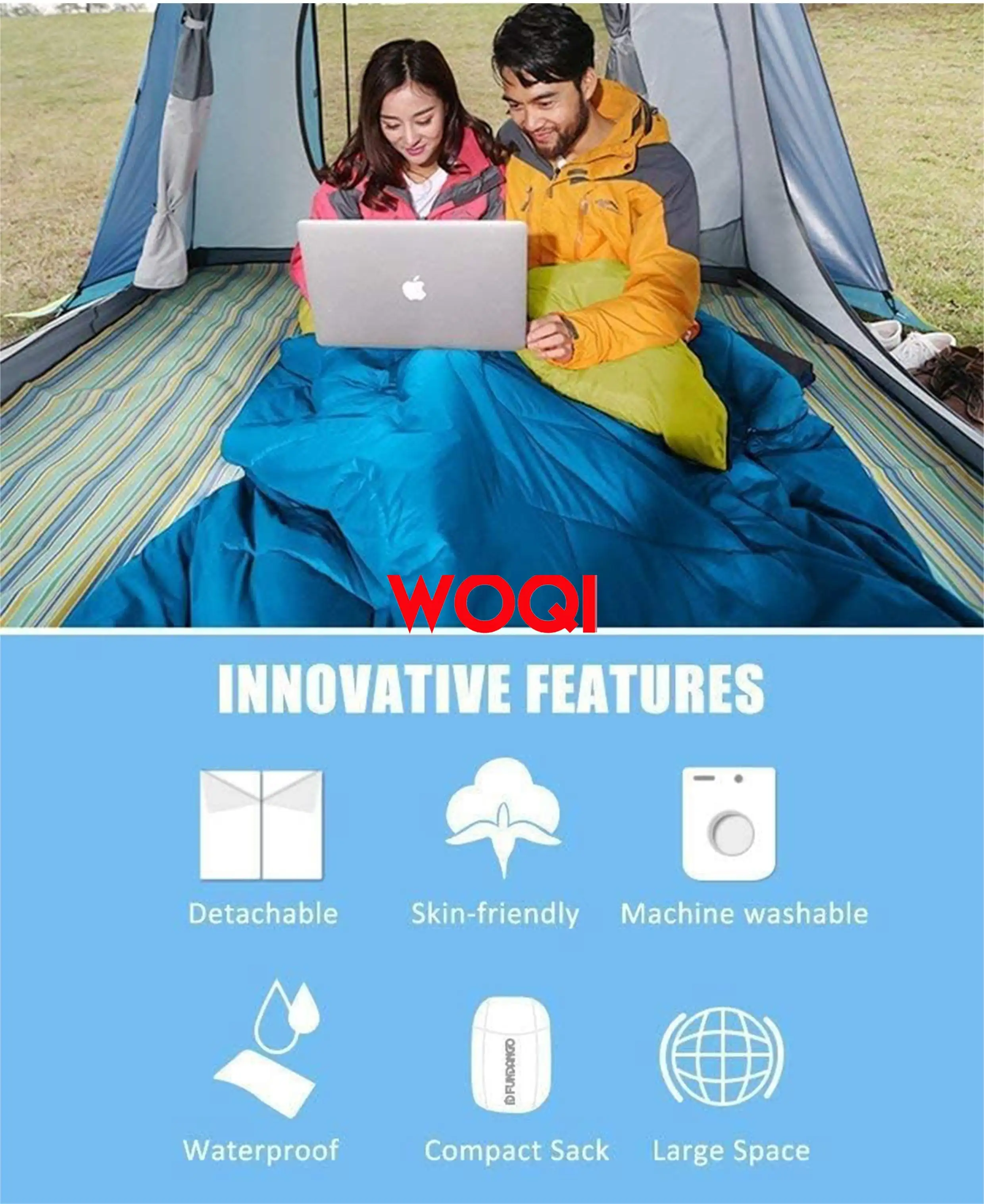 WOQI large double sleeping bag  suitable for camping  hiking  travel  with 2 pillows