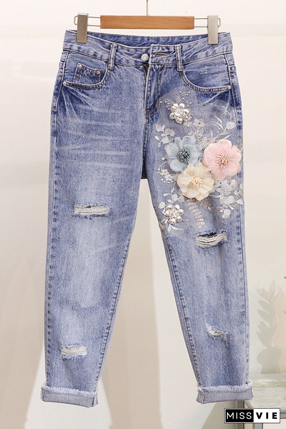 Floral Embroidery Ripped Jeans Wholesale