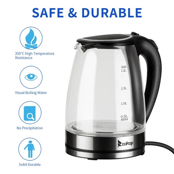 1500W 1.8L Electric Glass Tea Kettle Hot Water Kettle with Auto Shutoff Protection， Stainless Steel Lid and Bottom