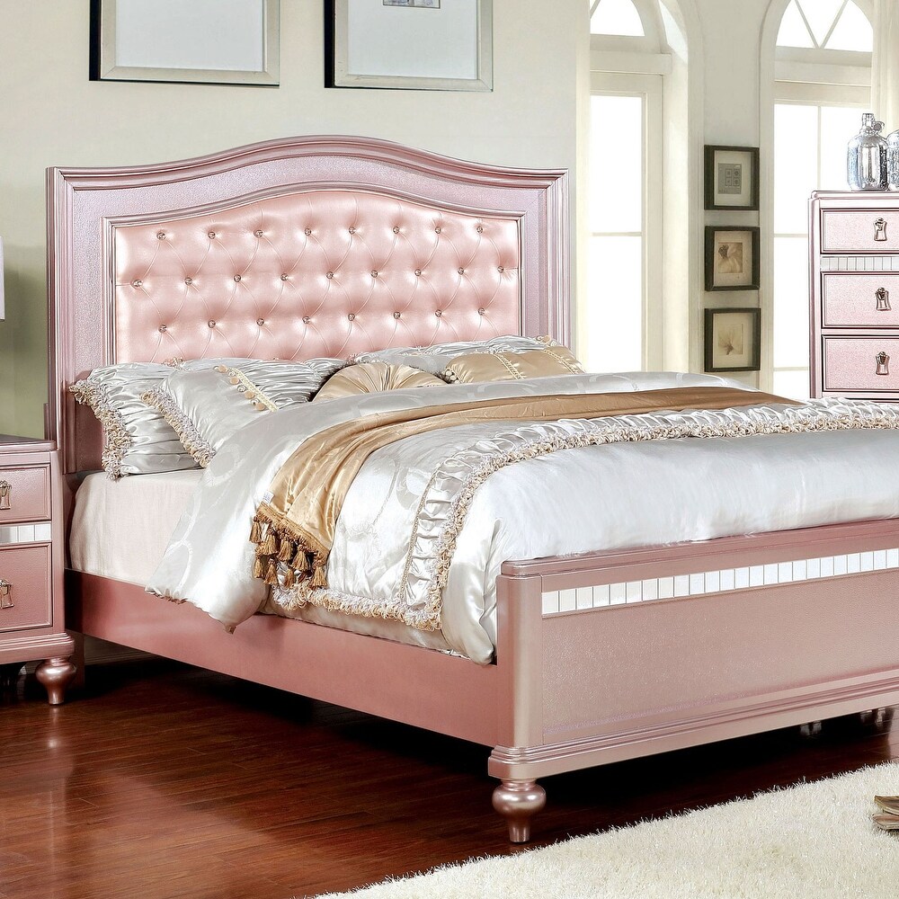 Wooden Bed With Padded Headboard  Rose Gold