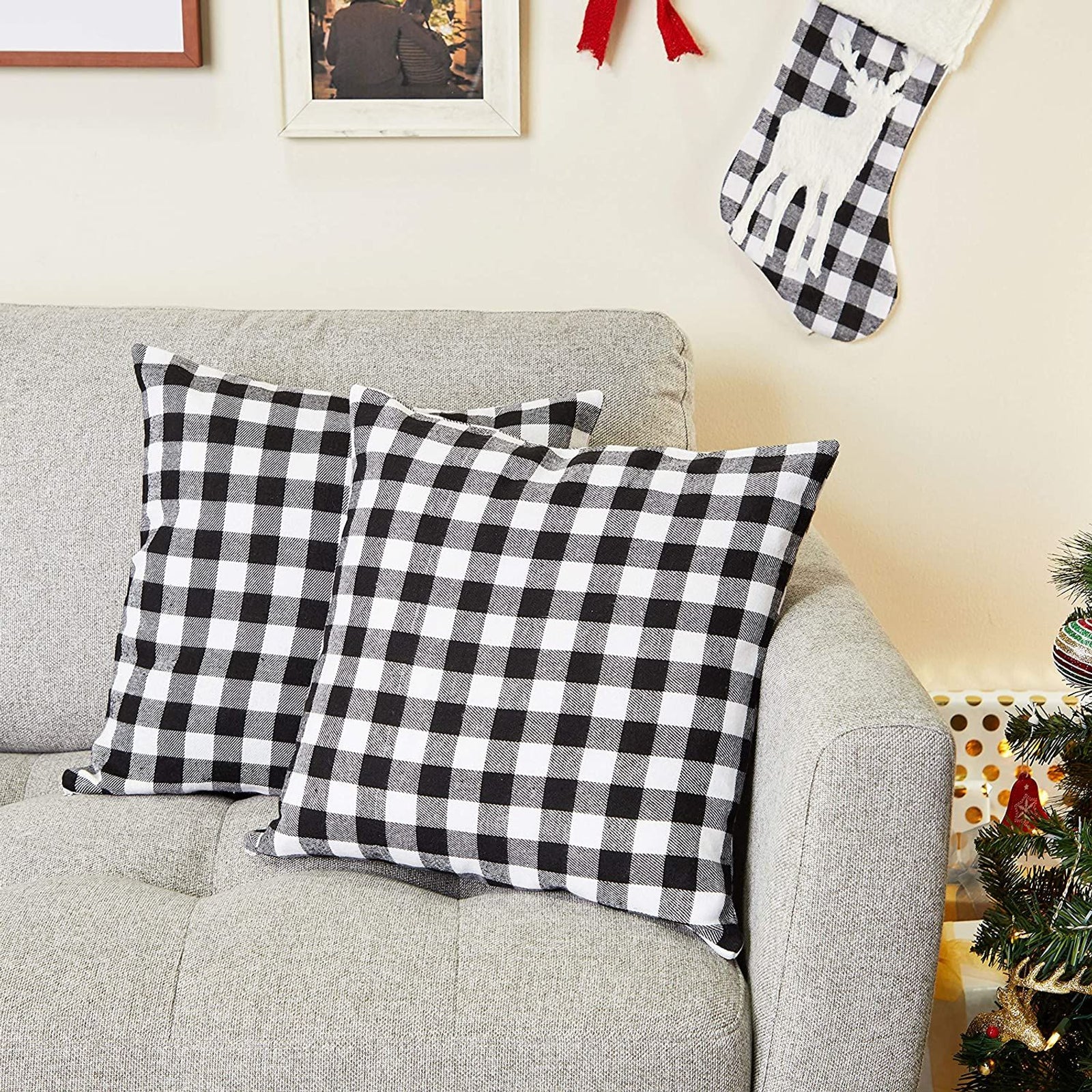 Set of 4 Black Plaid Decorative Throw Pillow Covers Cushion Case Protector 18 x 18 Square