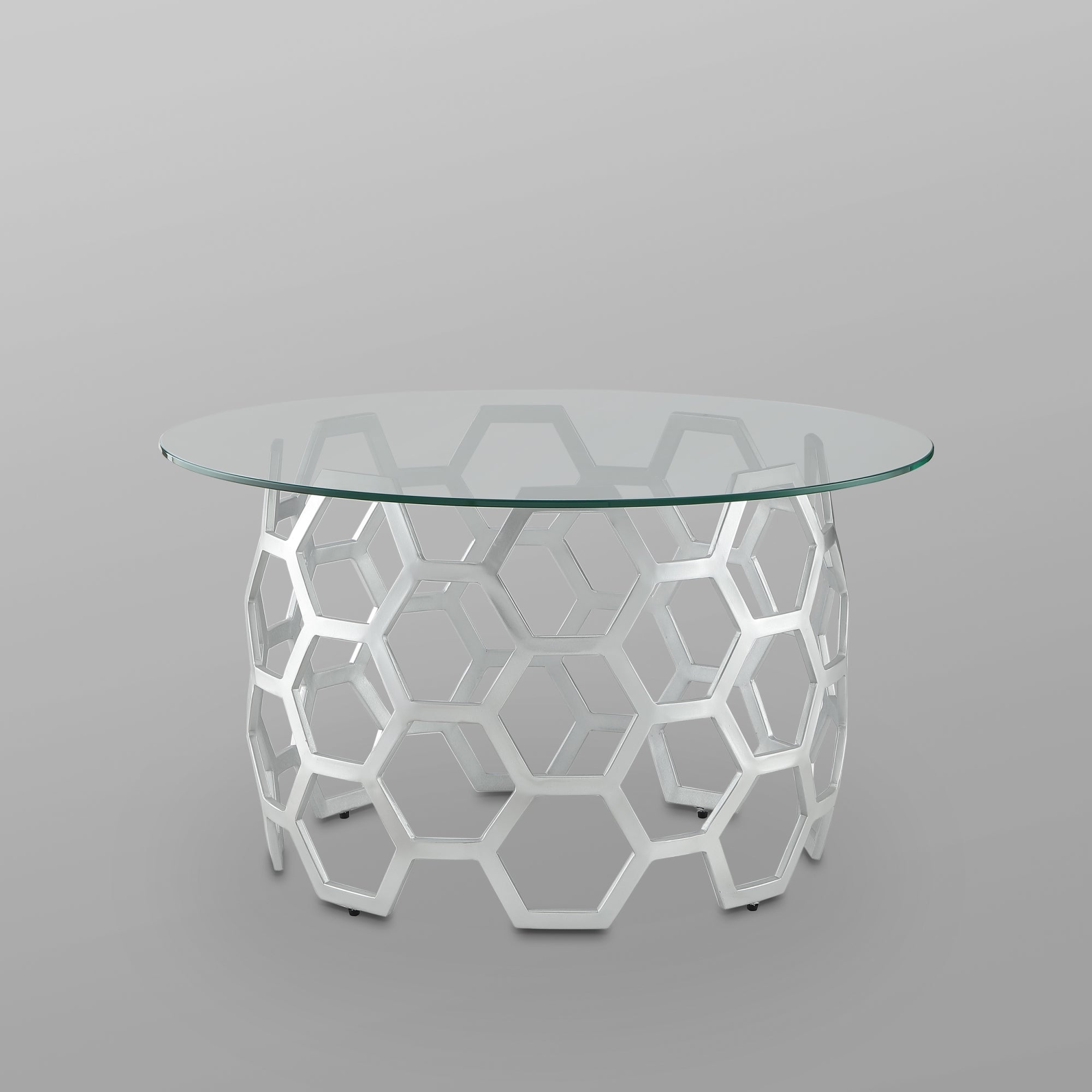 Inspired Home Janina Round Coffee Table Clear Glass Top Geometric Hexagon Metal Frame Modern, Silver