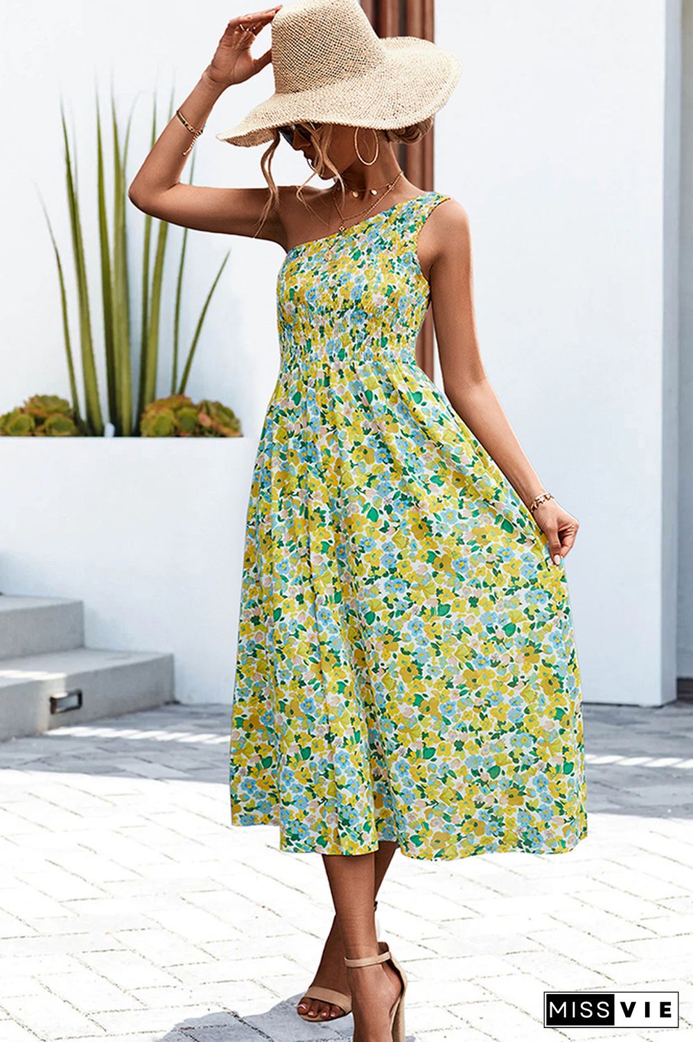 One SHoulder Flower Print Long Dress