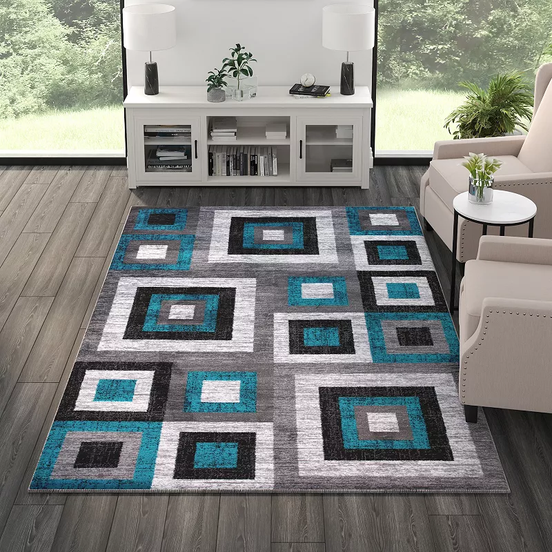 Masada Rugs Newton Collection Modern 6'x9' Accent Rug with Geometric Square Pattern in Turquoise， Gray and White