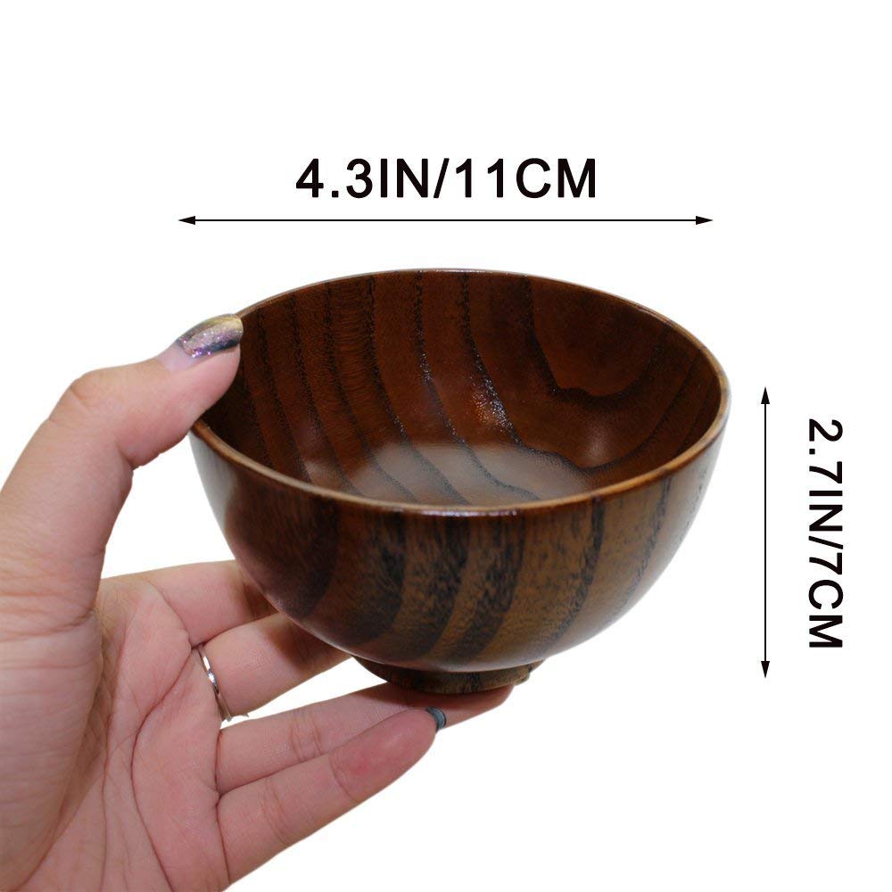 Set of 2 Japanese Style Solid Wood Bowl Children Kids Baby Serving Tableware for Salad Rice Miso Soup Fruits Decorative Display gifts， single bowl