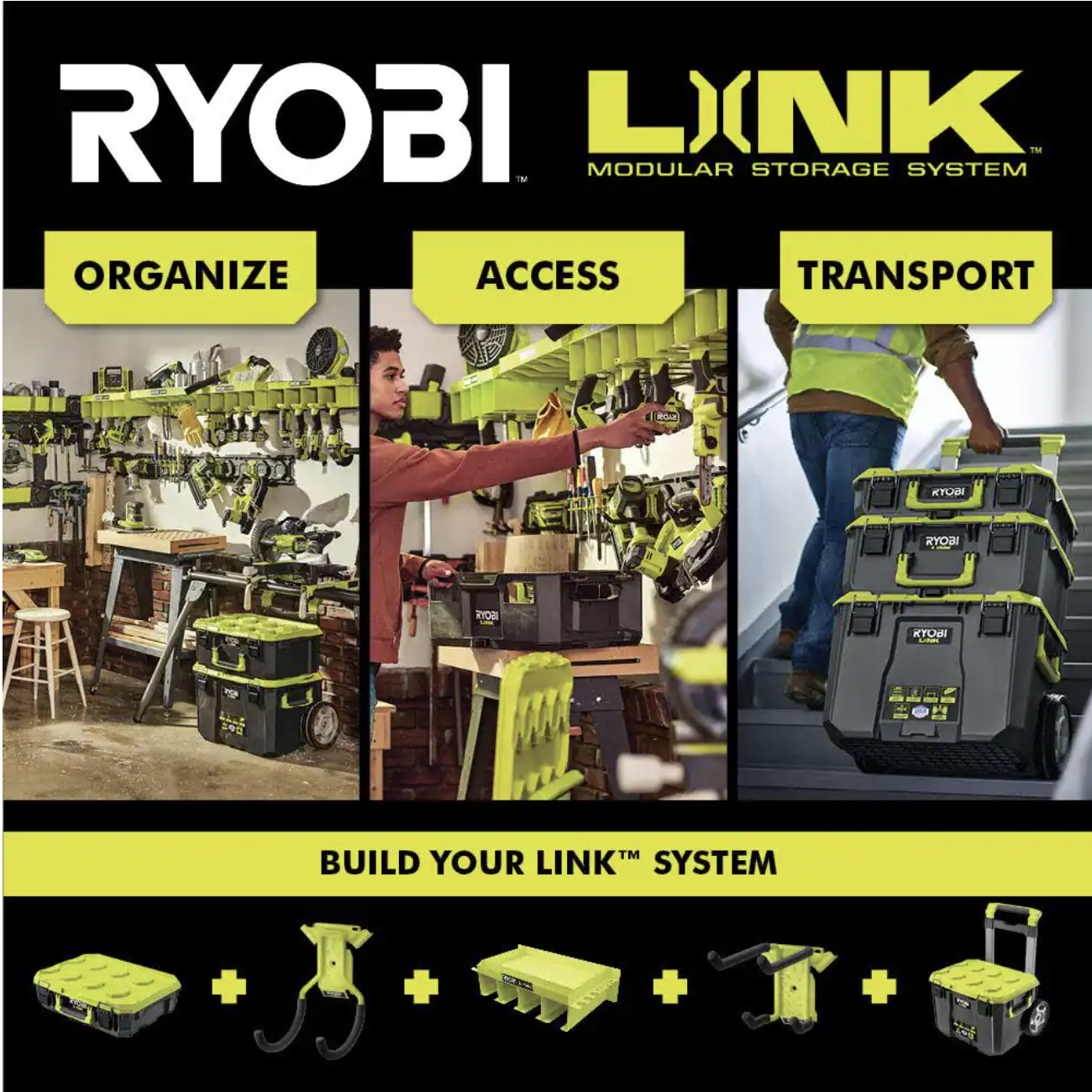 Ryobi LINK Tool Crate with LINK 7-Piece Wall Storage Kit and LINK Wall Rails (2-Pack)