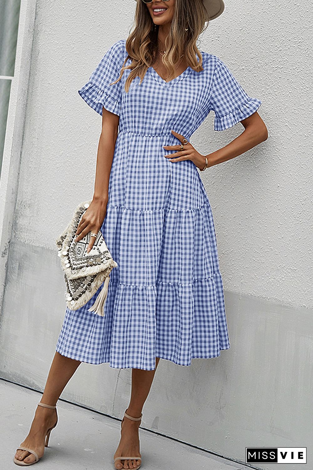 Plaid V-neck Short Sleeve Long Dress Wholesale