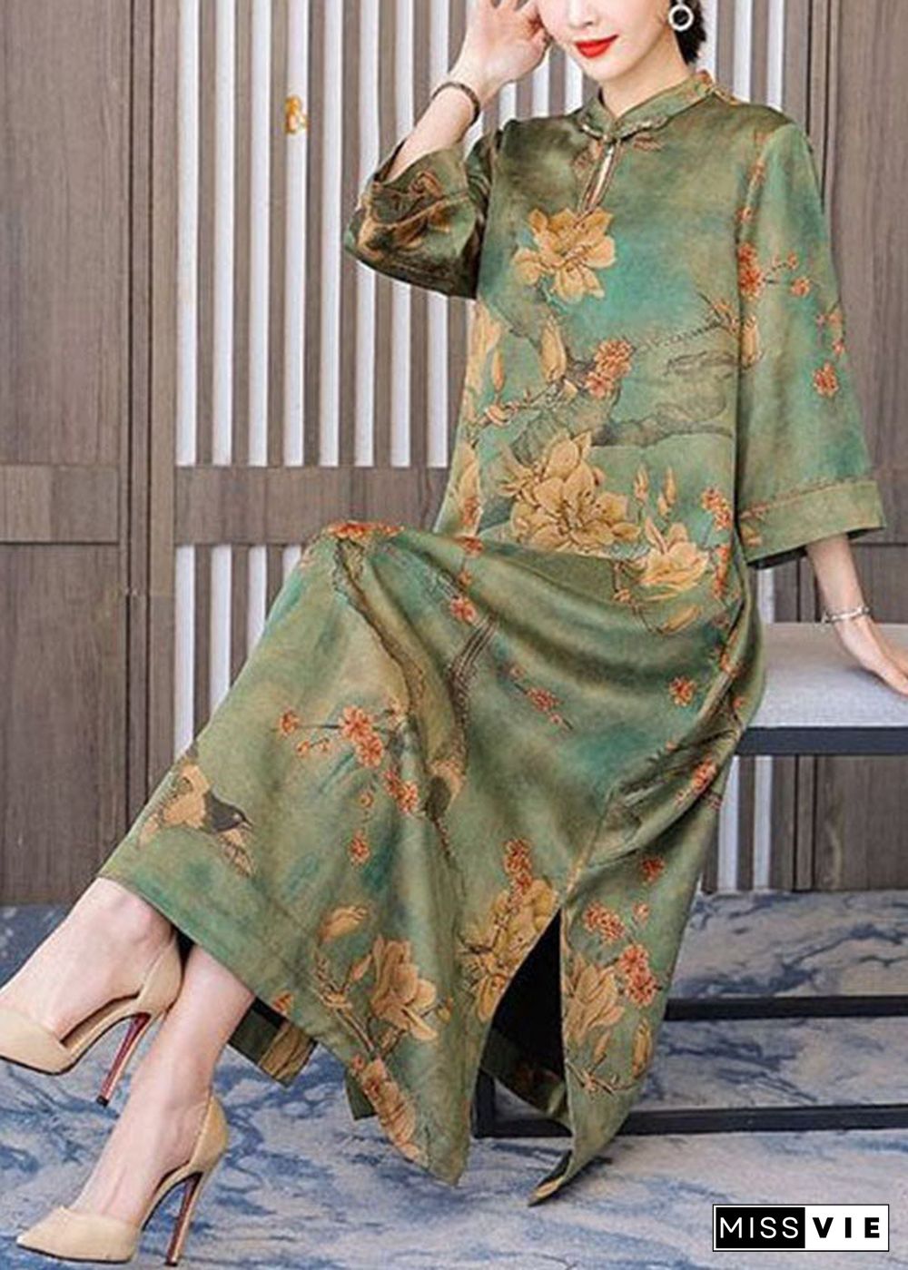 Boutique Green Print Chinese Button Silk Long Dress Bracelet Sleeve