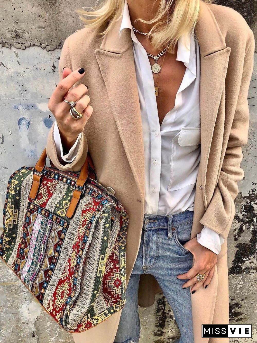 Khaki Solid V Neck Long Sleeve Jacket