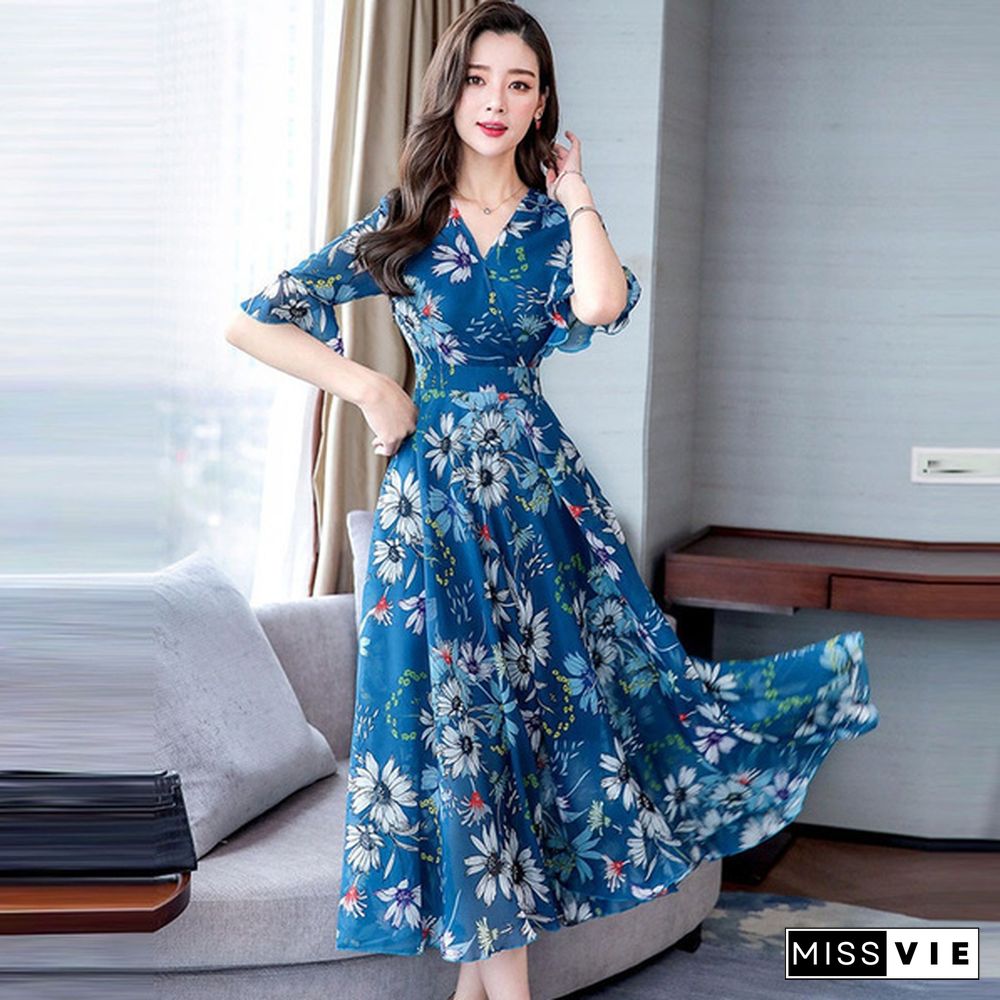 Fashion Floral Print Slim A-Line Dress Elegant Ladies Long Dress Women V-Neck Short Sleeve Chiffon Party Dresses