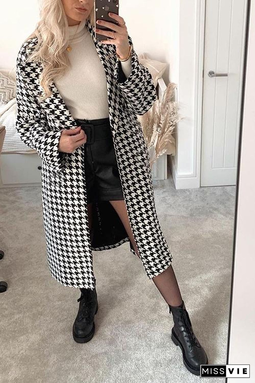 Houndstooth Lapel Woolen Coat