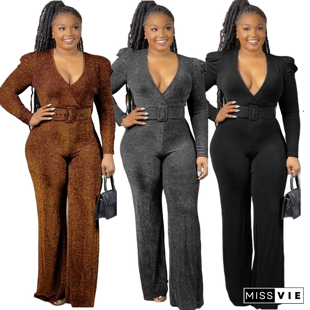 Women's Sexy V-neck High Stretch Wide-leg Jumpsuit with belt