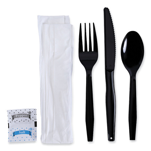 Boardwalk Six-Piece Cutlery Kit， Condiment/Fork/Knife/Napkin/Teaspoon， Black， 250/Carton (FKTNSMWPSBLA)