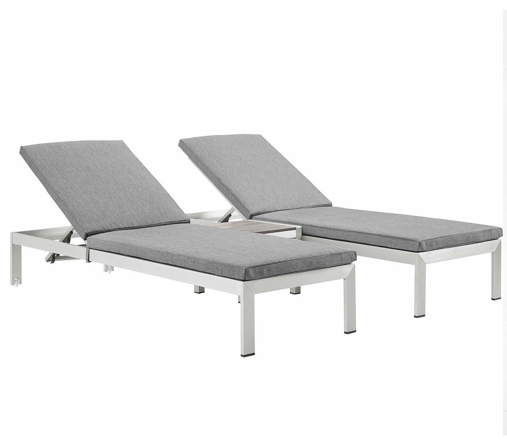 Shore 3 Piece Outdoor Patio Aluminum Chaise With Cushions  Silver Gray   Contemporary   Outdoor Chaise Lounges   by Homesquare  Houzz