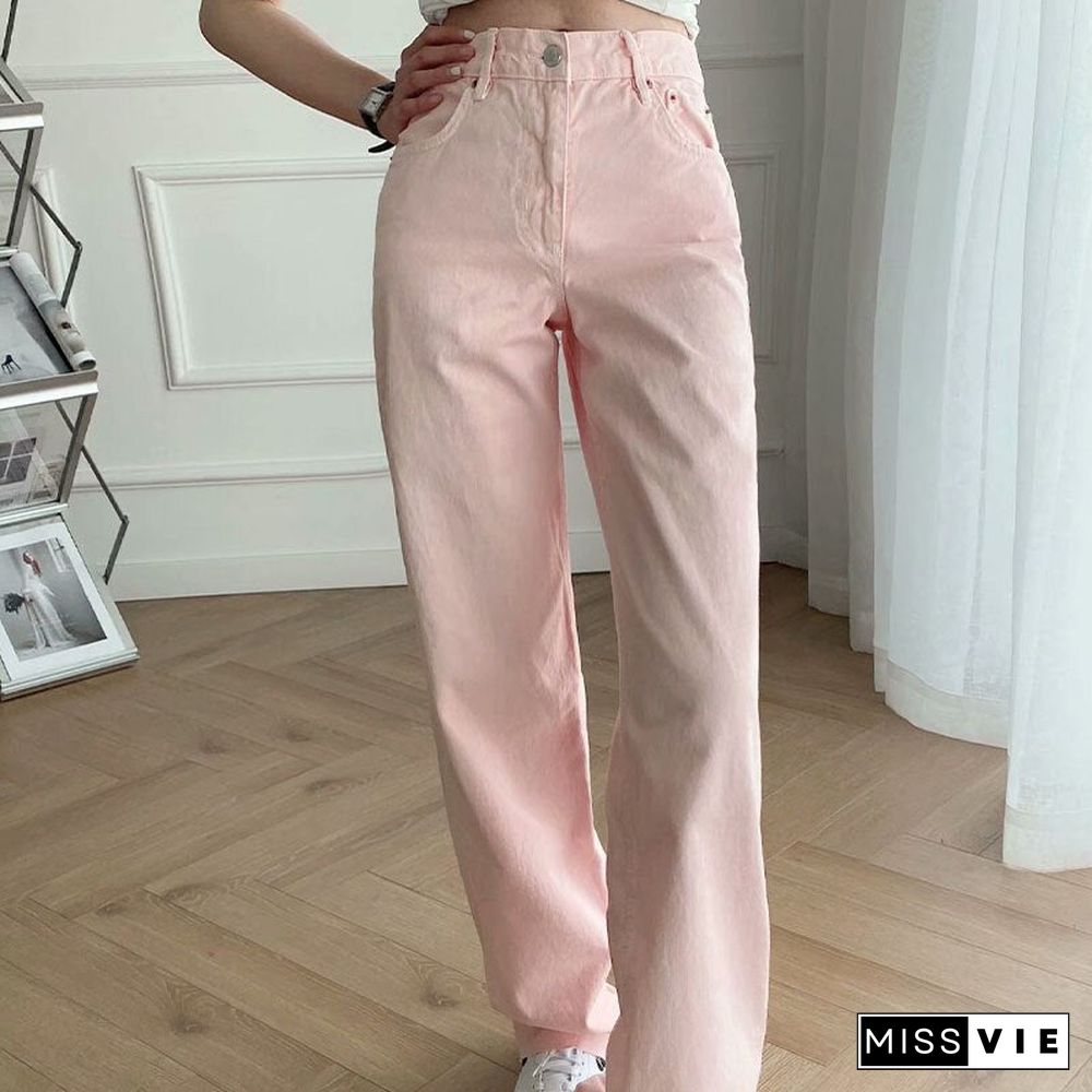 Spring Autumn Women Vintage Blue Pink Denim Trousers Casual Solid Pockets High Waist Straight Jeans Pants Ladies Mujer