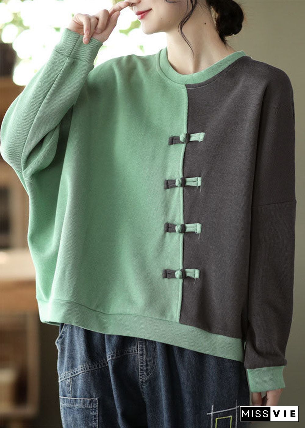 Modern Green Patchwork Cotton Sweatshirts Top Spring