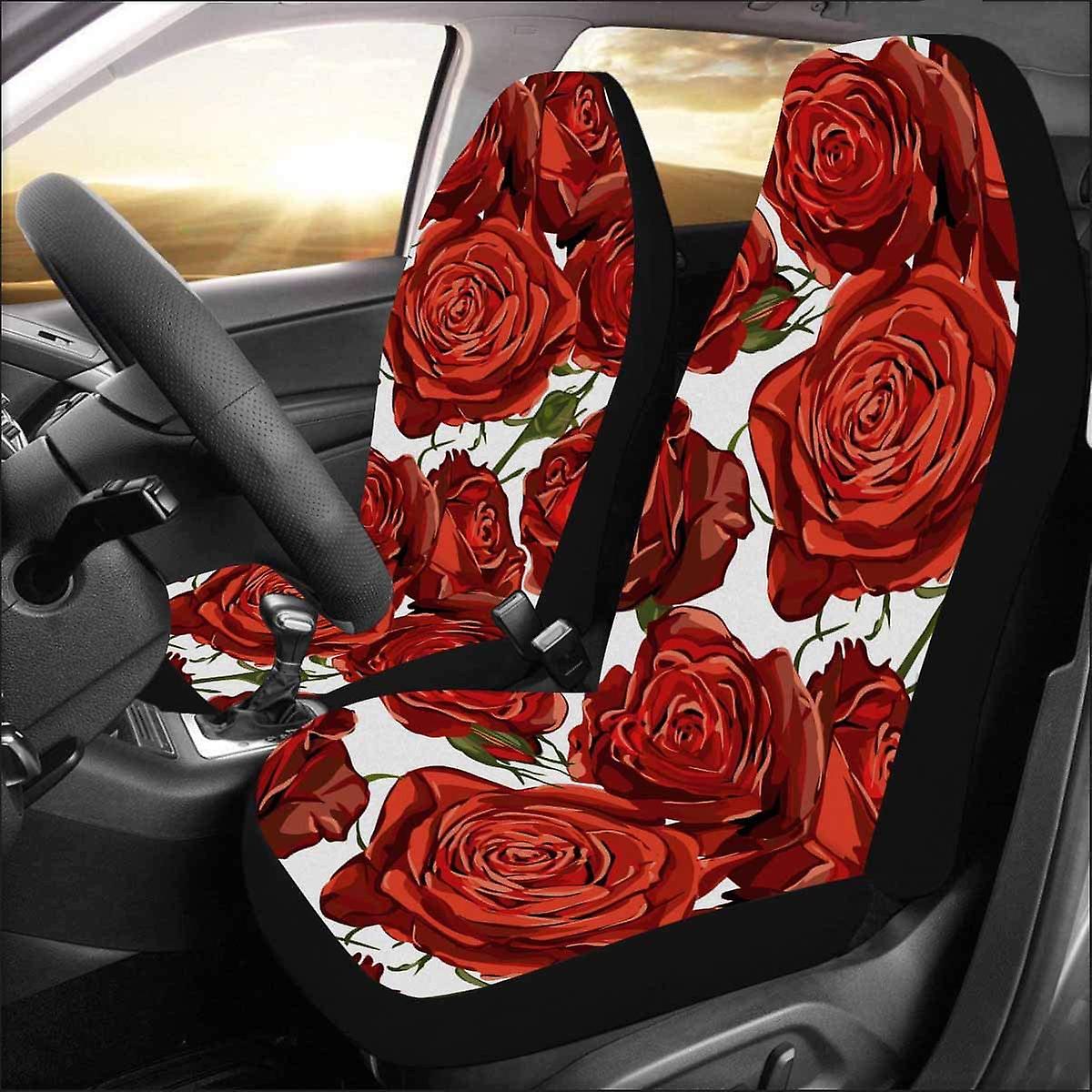 Set Of 2 Car Seat Covers Red Roses Pattern Universal Auto Front Seats Protector Fits For Car，suv Sedan，truck