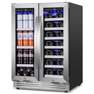 TITTLA 23.47 in. Dual Zone 18-Wine Bottles and 57-Cans Beverage and Wine Cooler in Silver Two Shape of Door Handles Blue LEDs KMYC120