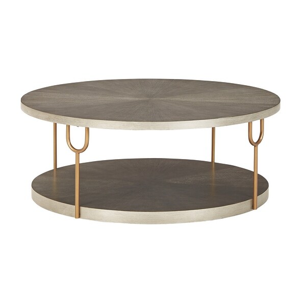 Modern 42 Inch Coffee Table， Ash Veneer， Metal Frame and Wheels， Gold， Gray