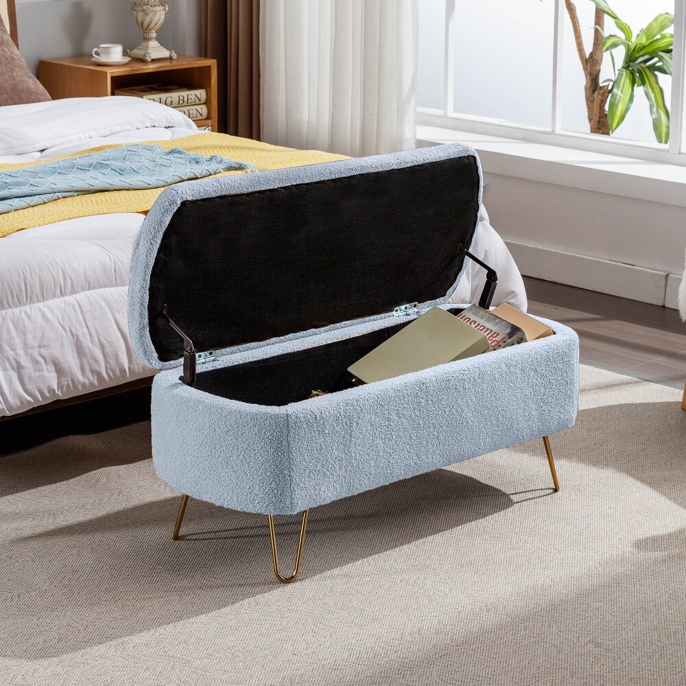 Contemporary Fabric Upholstered Storage Ottoman Bench with Metal Legs