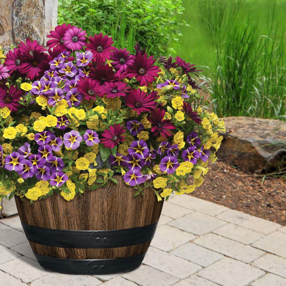 16 Inch Resin Barrel Planter Indoor Outdoor Garden Decor Large Flower Plant Pot