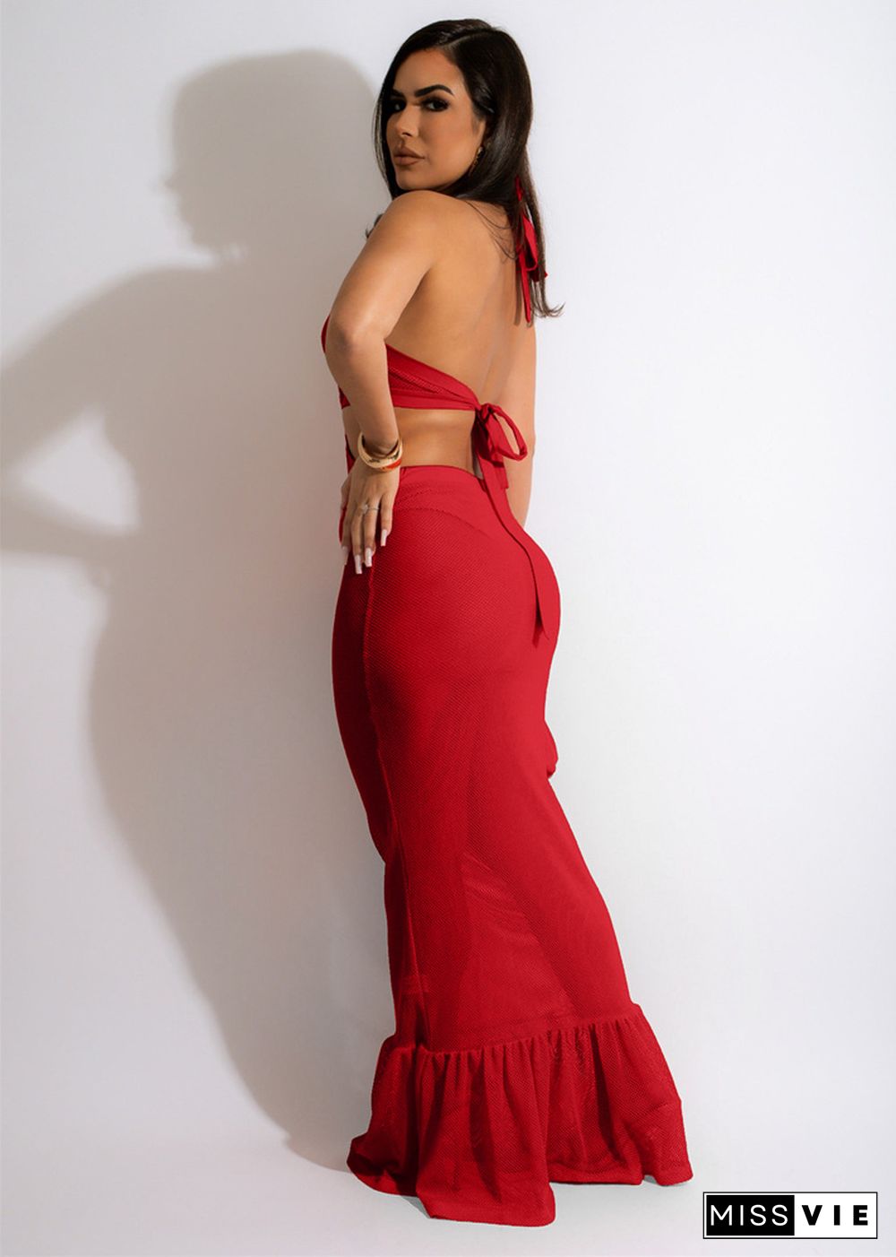 Mesh See Though Hollow Halter Backless Maxi Dresses