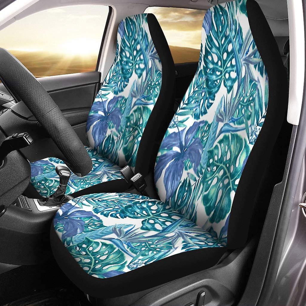 Set Of 2 Car Seat Covers Watercolor Pattern Paradise Bird Green Orchids Leaves And Hibiscus Universal Auto Front Seats Protector Fits